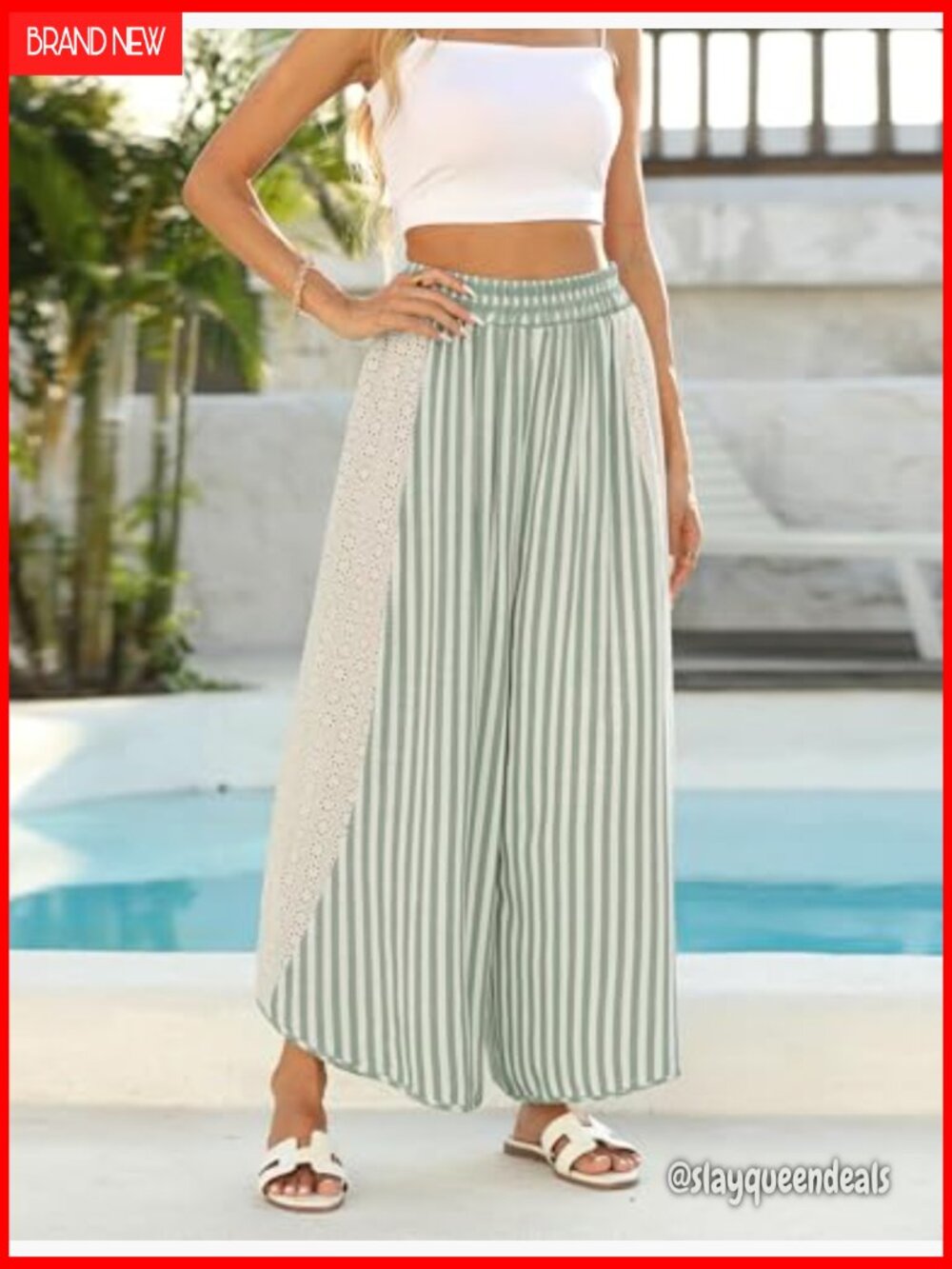 Striped Wide Leg Lounge Pants - Elastic Waist Palazzo Trousers - Picture 2 of 7